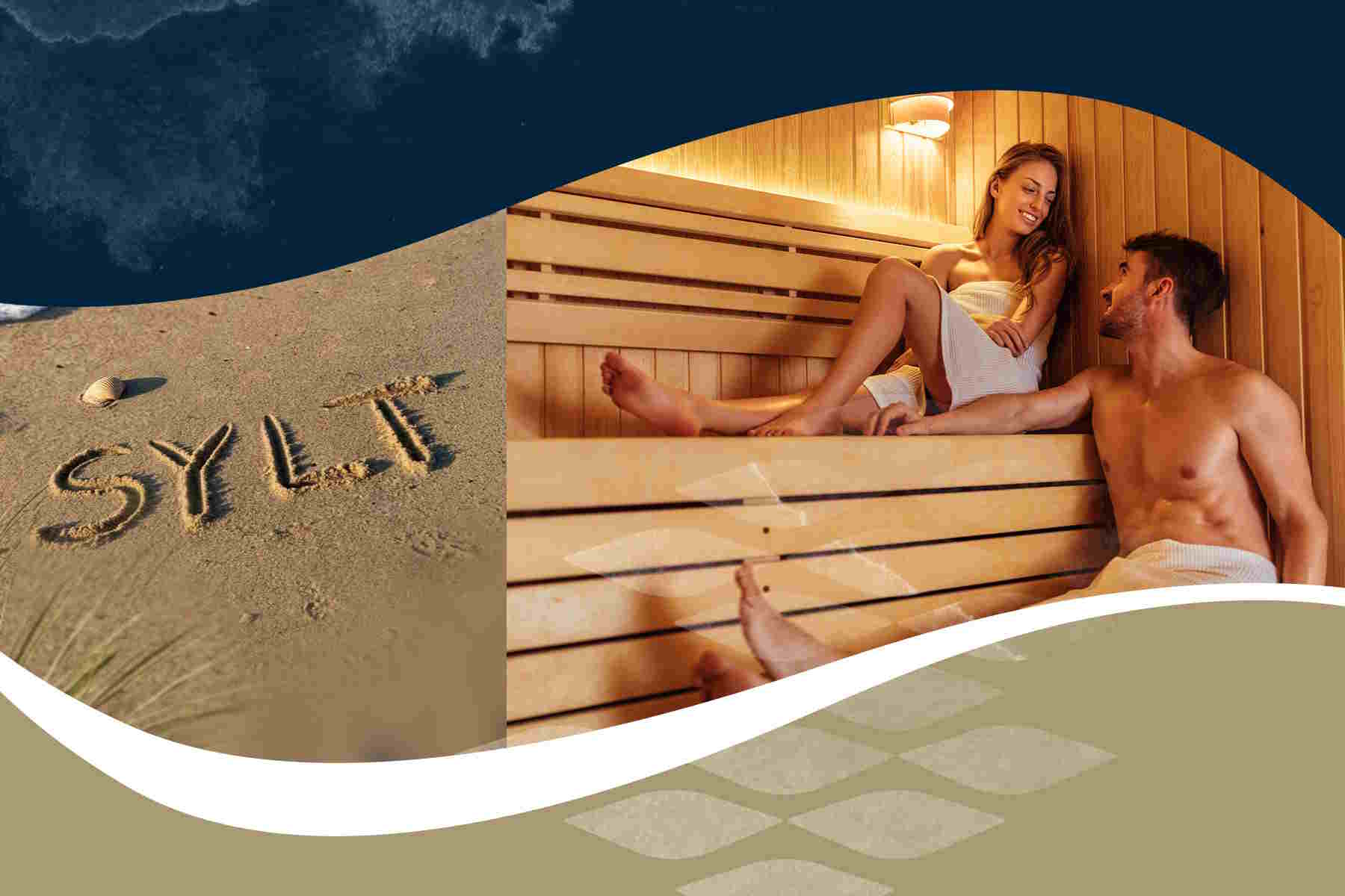 Ein Mann und eine Frau liegen mit Handtuch entspannt auf holzflächein der Saunaiegen im Ruhebereich. Links ist ein Strand, wo das Wort Sylt im Sand gemalt ist.